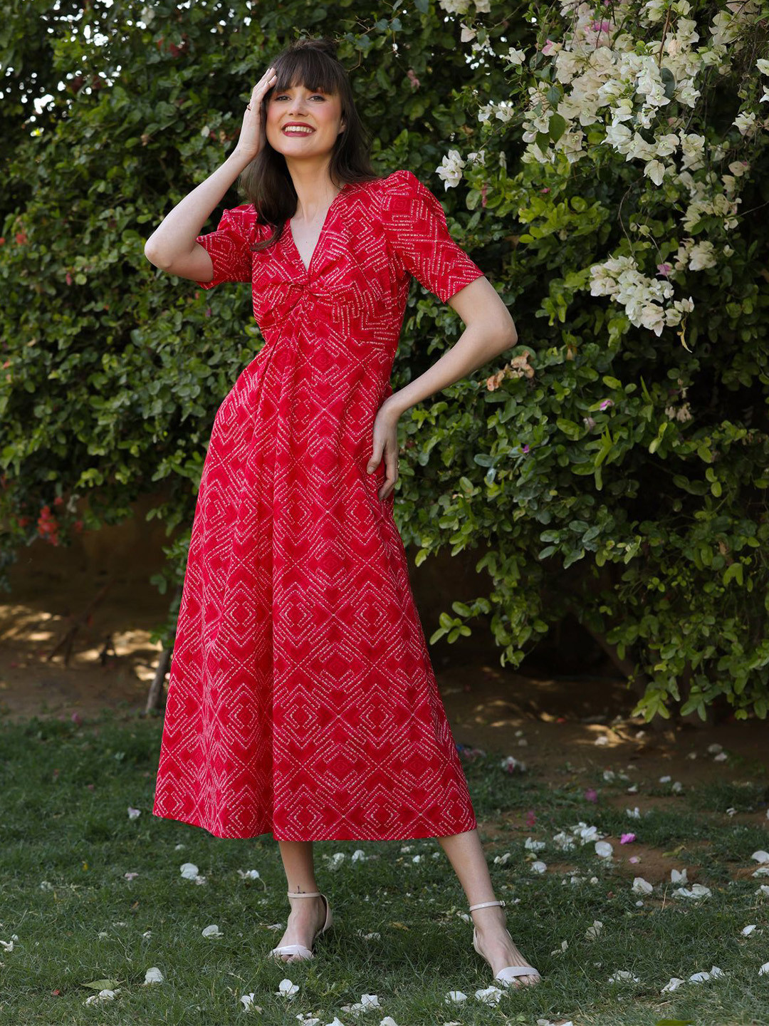 JISORA Printed Cotton A-Line Midi Dress