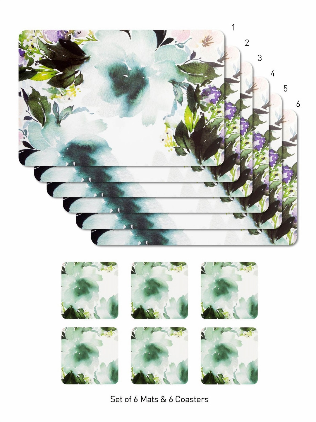 OBSESSIONS White & Green 12 Pieces Floral Printed Mats and Coaster Table Placemats