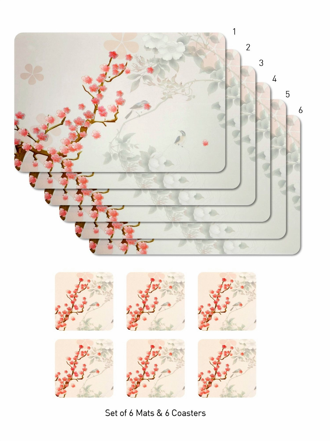 OBSESSIONS Beige & Grey 12 Pieces Floral Rectangular Table Placemats with Coasters