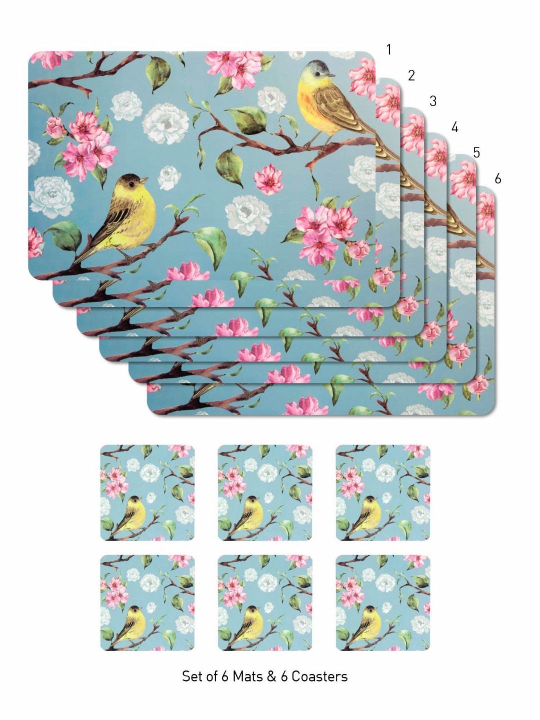 OBSESSIONS Blue & Pink 12 Pieces Printed Rectangular Table Placemats with Coasters
