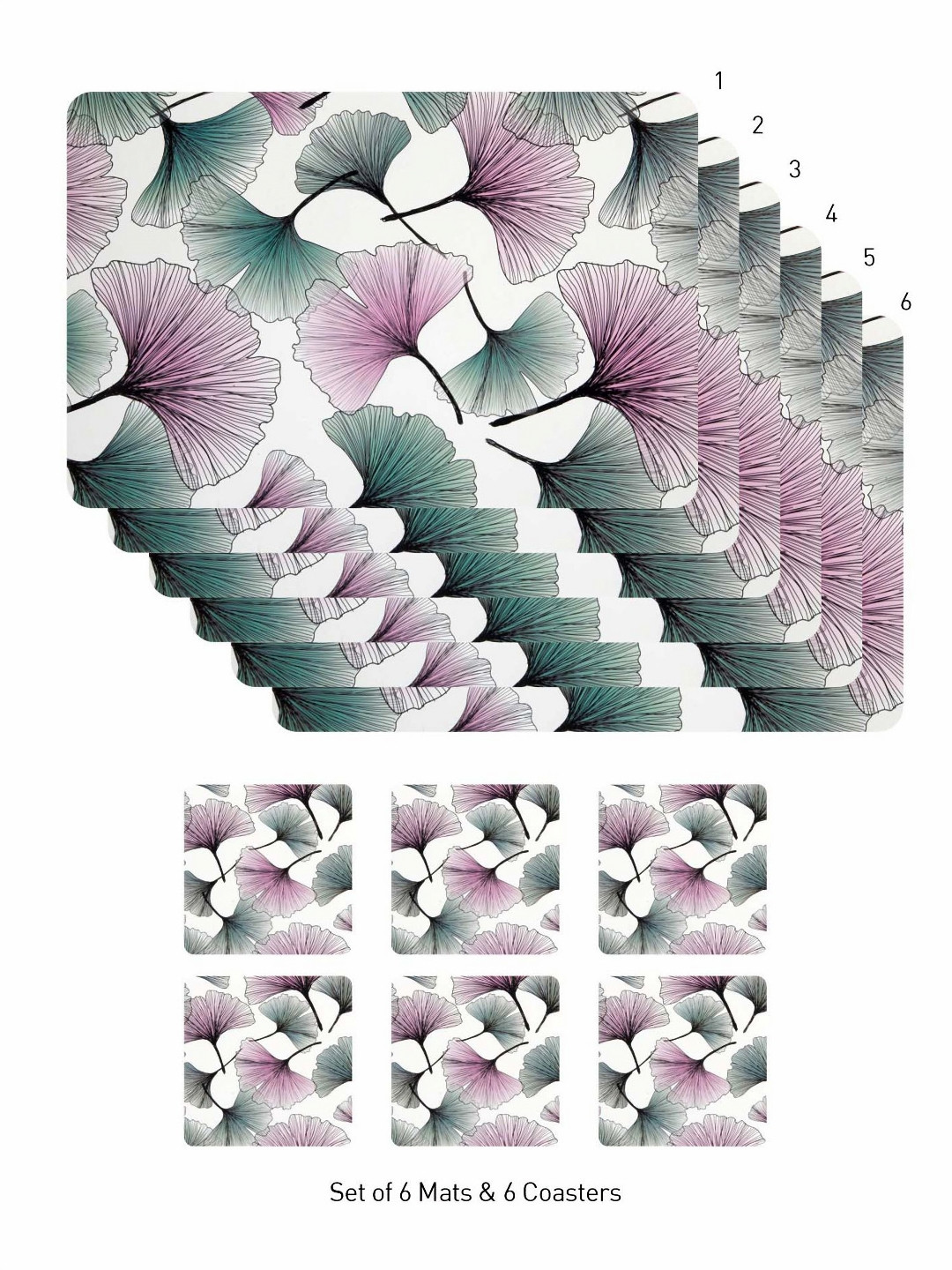 OBSESSIONS White & Green 12 Pieces Floral Printed Mats & Coaster Table Placemats