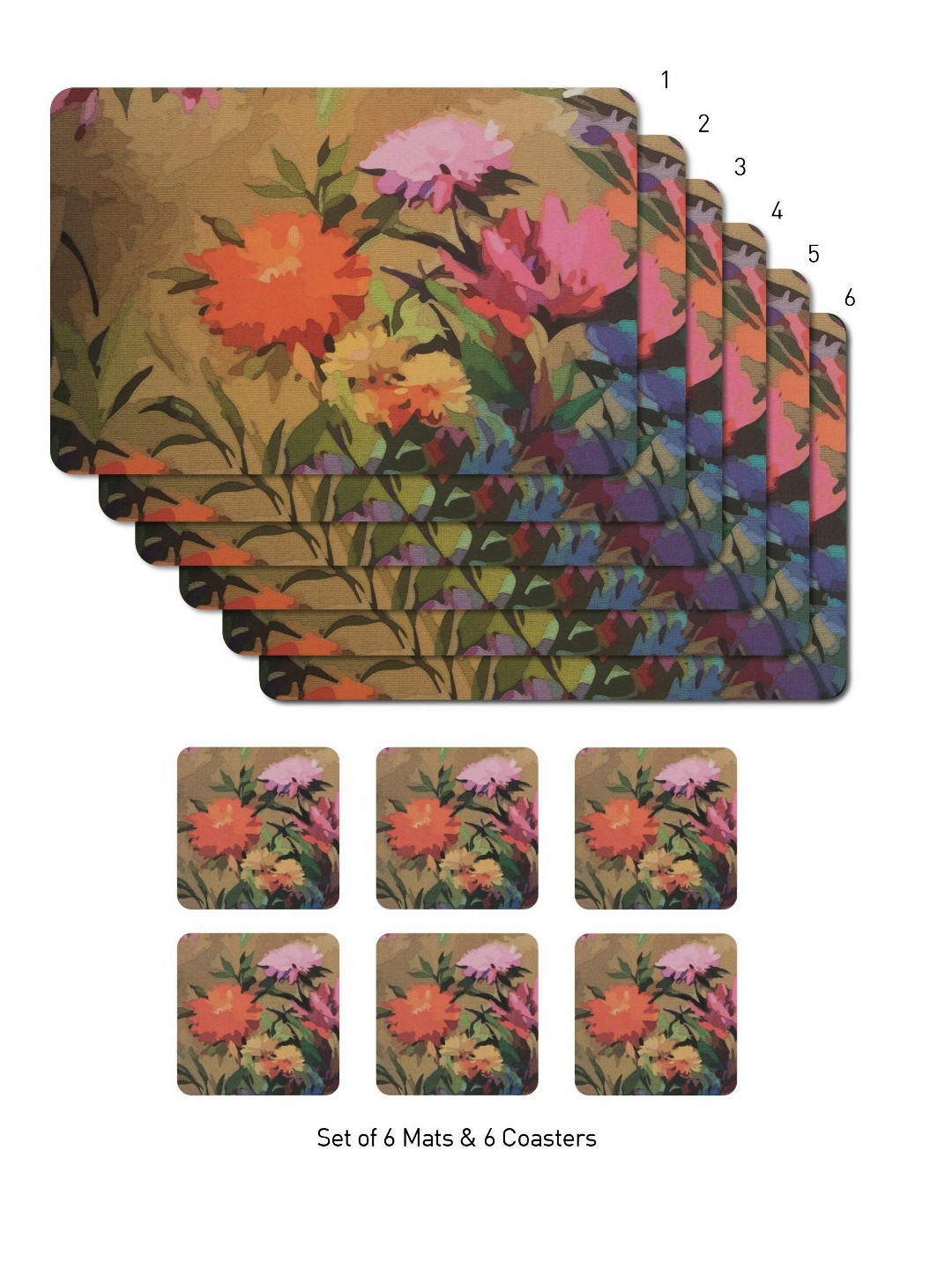 OBSESSIONS Brown & Orange 12 Pieces Floral Printed Mats & Coaster Table Placemats