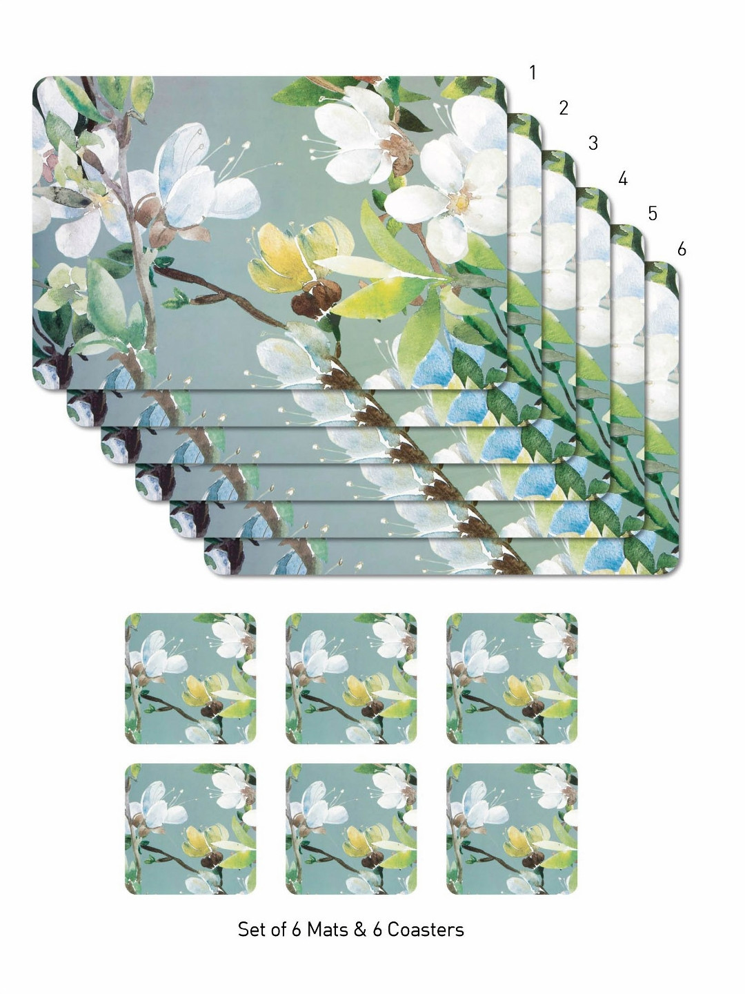 OBSESSIONS Green & White 12 Pieces Floral Printed Mats & Coaster Table Placemats