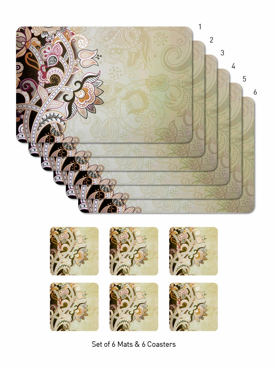 OBSESSIONS Beige & Brown 12 Pieces Floral Printed Mats & Coaster Table Placemats