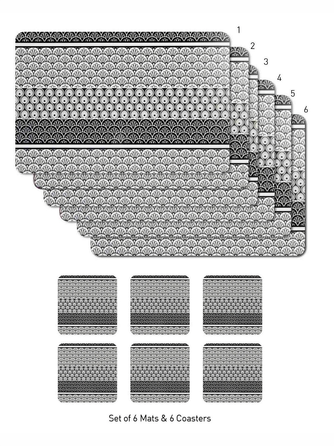 OBSESSIONS Black & Grey 12 Pieces Printed Rectangular Table Placemats with Coasters
