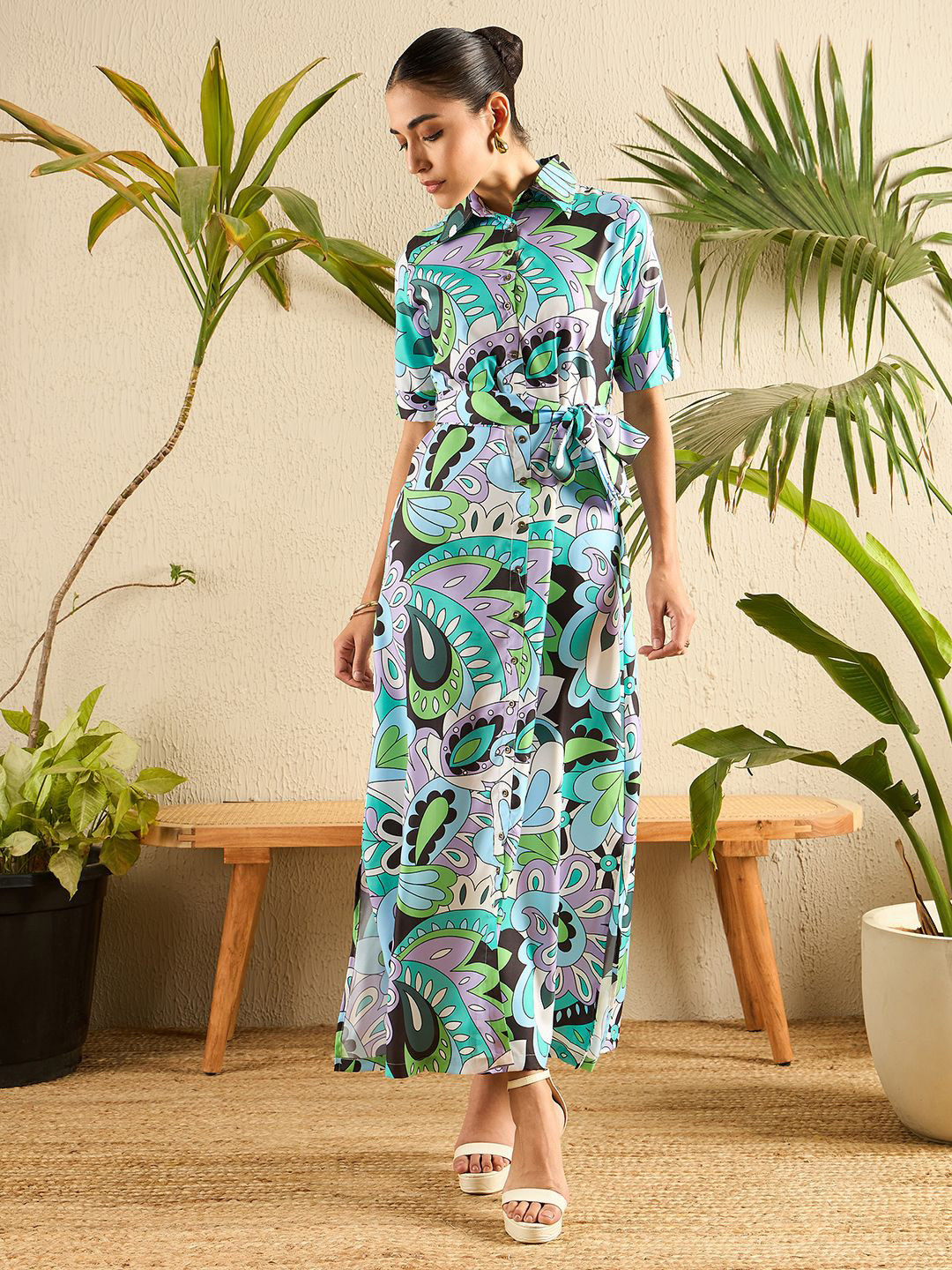 Uptownie Collar Buttoned Down Printed Shirt Maxi Dress
