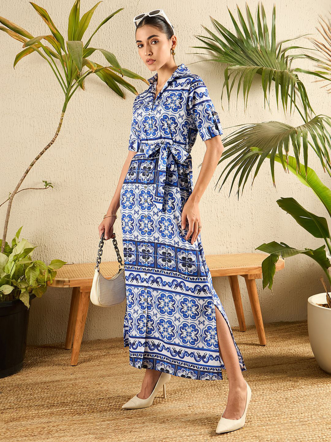 Uptownie Collar Buttoned Down Printed Shirt Maxi Dress