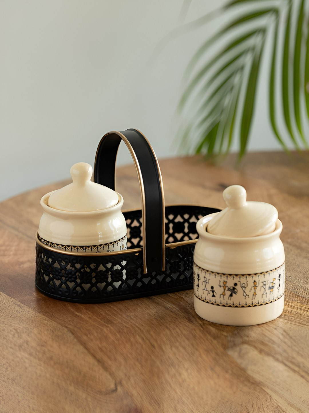 ExclusiveLane Art Of Warli White 3 Pieces Printed Pickle & Chutney Jar With Spoon & Tray