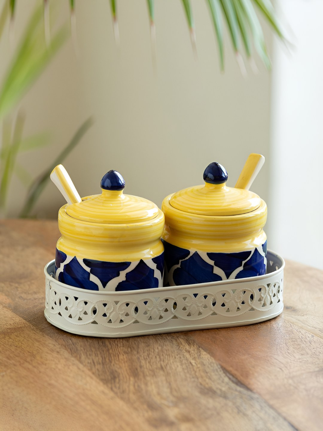 ExclusiveLane Moroccan Blue & 5 Pieces Printed Pickle & Chutney Jar With Spoon & Tray