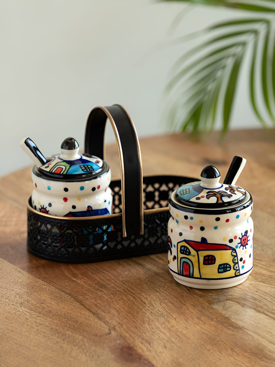 ExclusiveLane The Hut White & Blue 5 Pieces Printed Pickle & Chutney Jar With Spoon & Tray