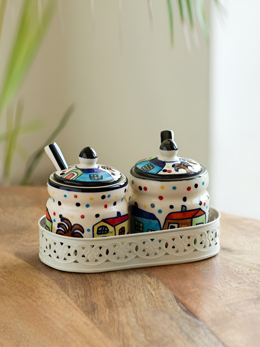 ExclusiveLane The Hut White & Blue 5 Pieces Printed Pickle & Chutney Jar With Spoon & Tray