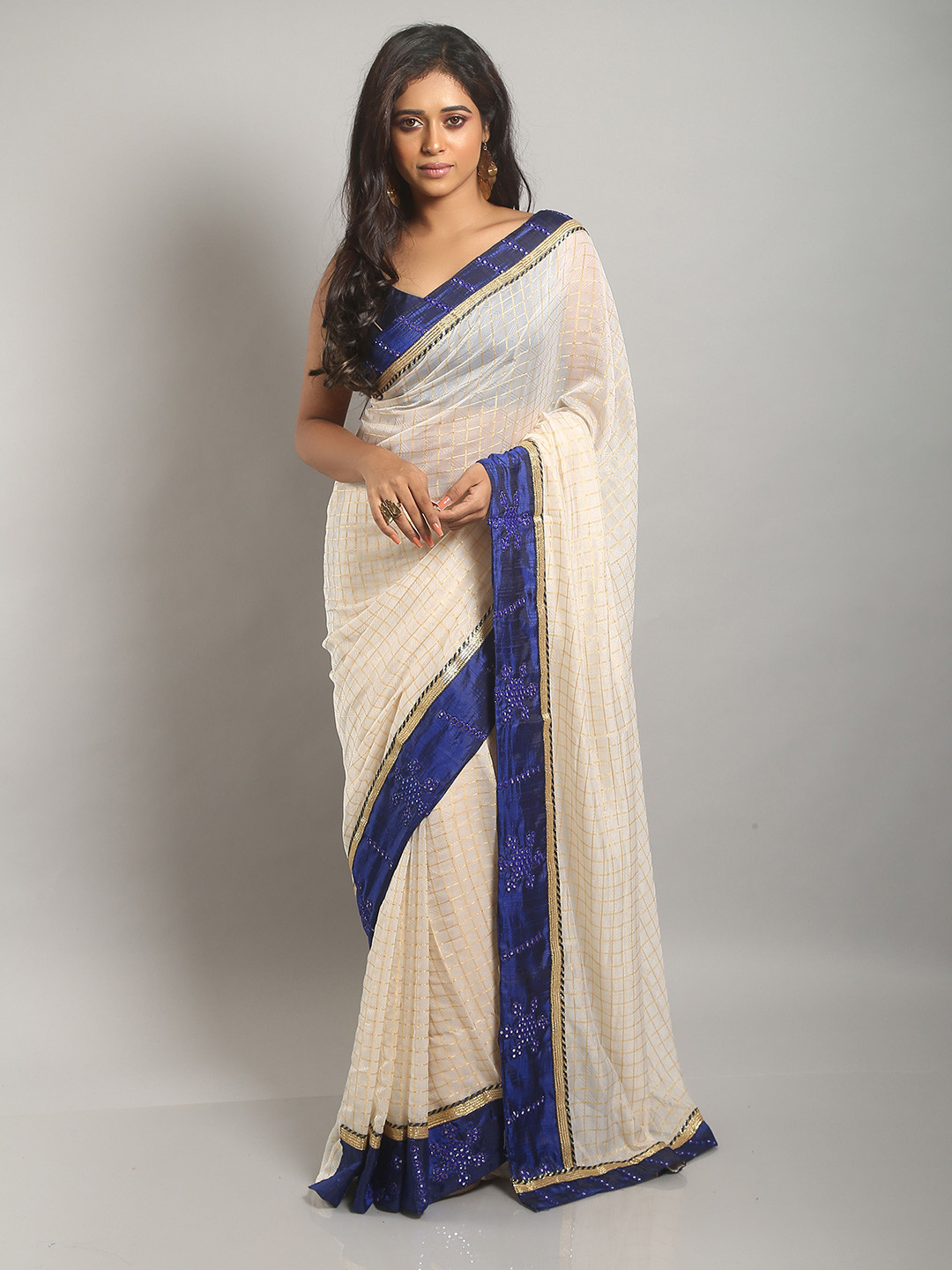 Urbane Essence Checked Mirror Work Pure Chiffon Saree