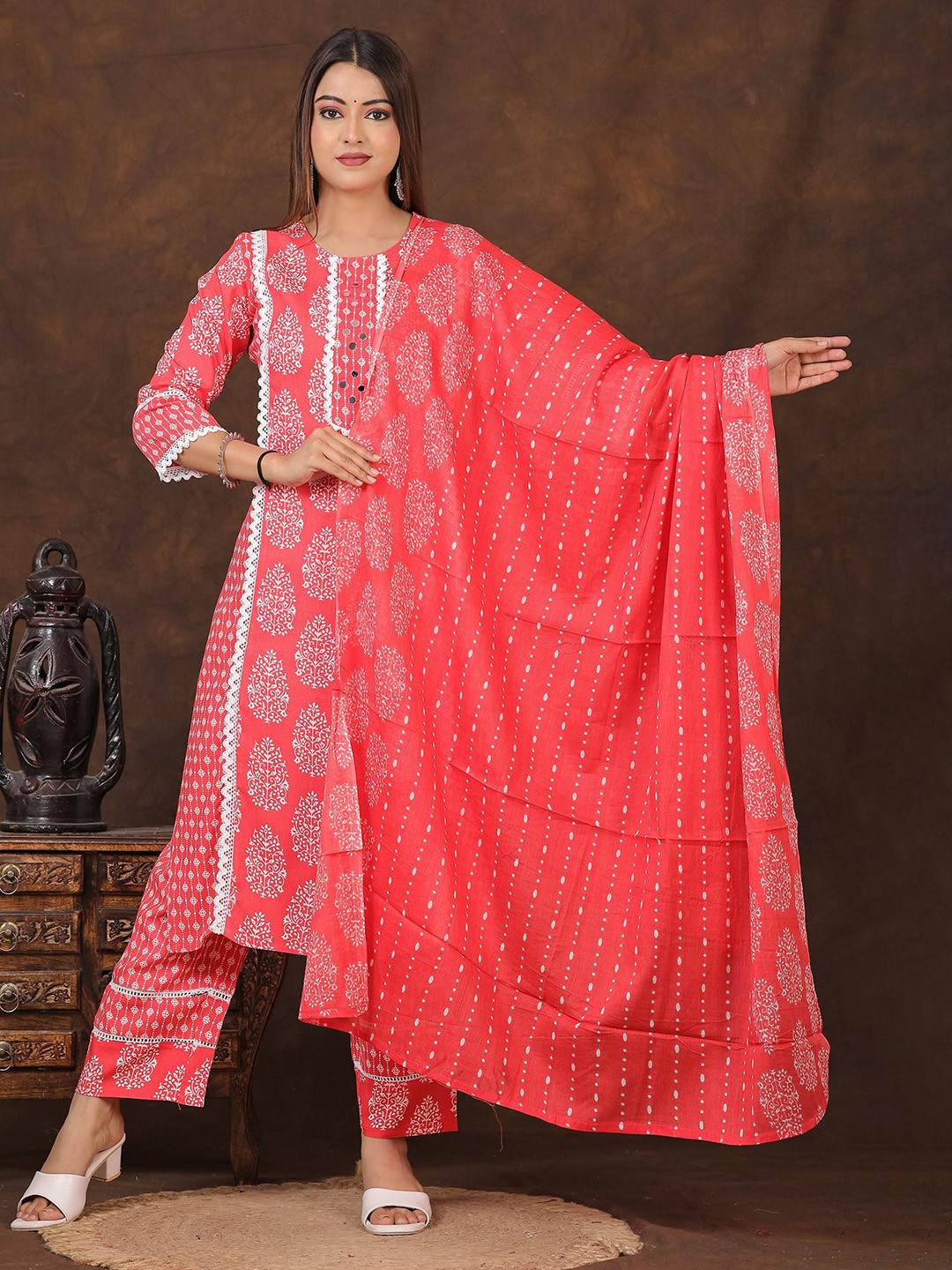 PARTHVI Floral Printed Round Neck Thread Work Kurta with Palazzos & Dupatta