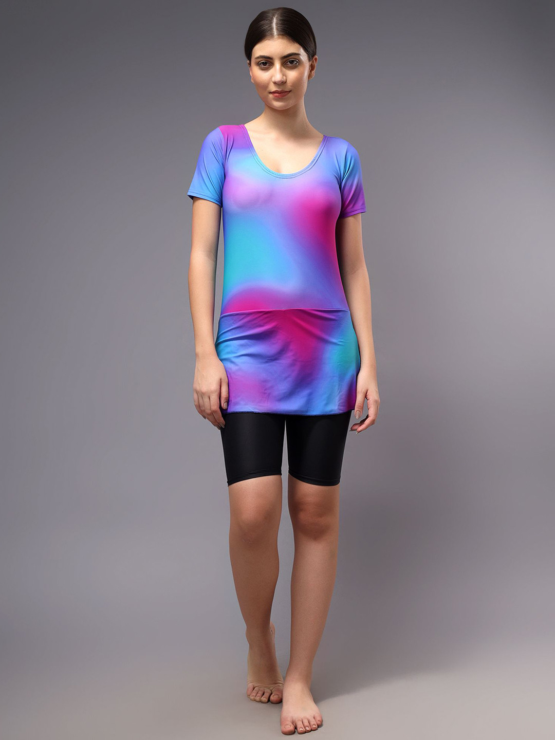 BRACHY Printed Round Neck Short Sleeve Swimming Dress