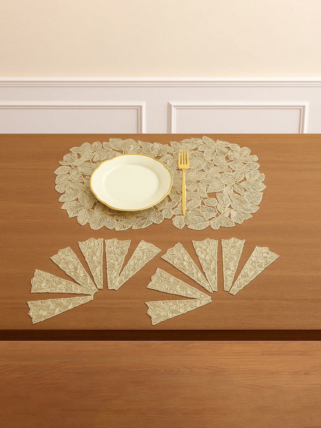 Kuber Industries 12 Pieces Beige Small Leaf Leather Table Placemats