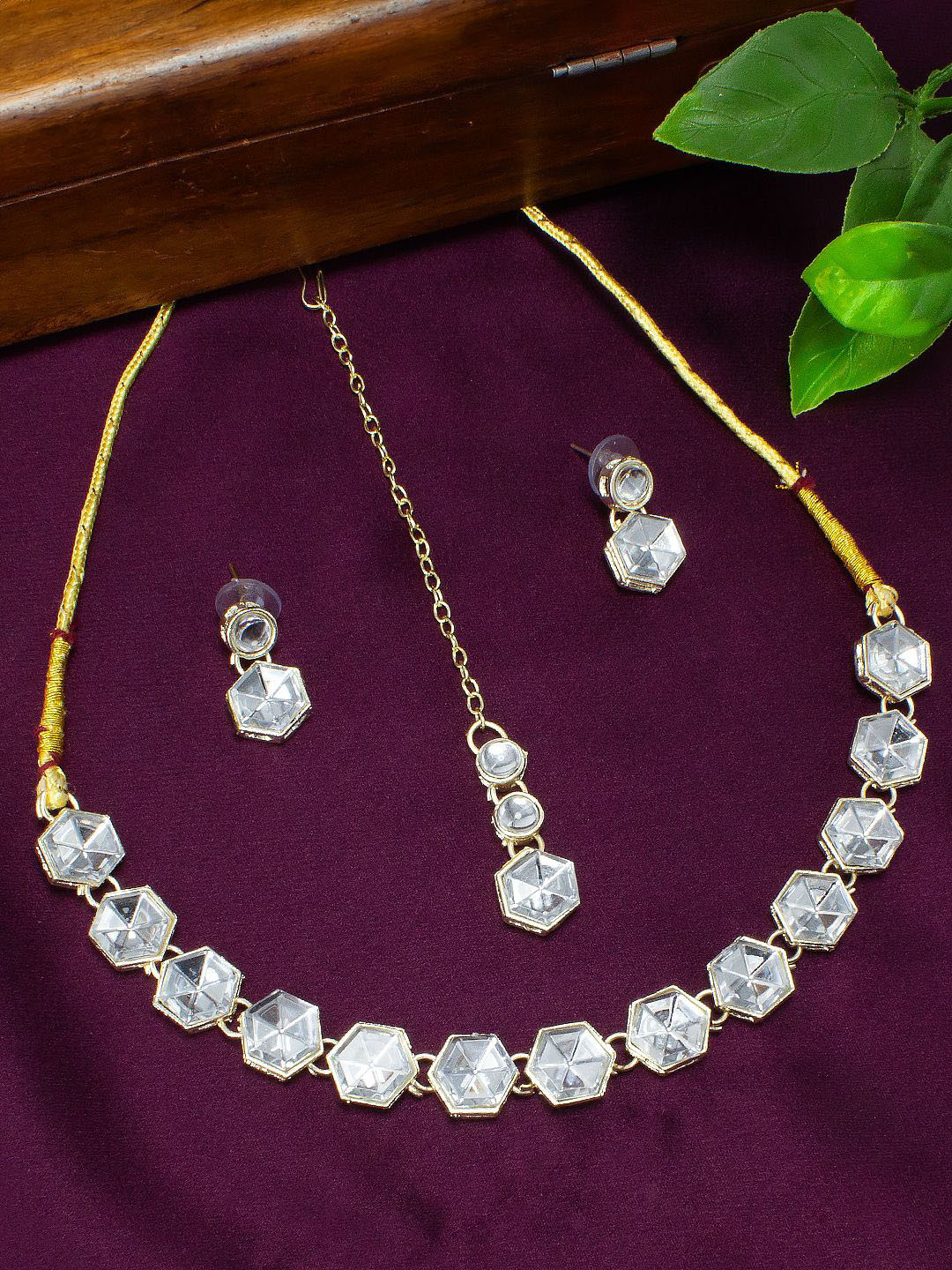 PRIVIU Gold-plated Hexagon Stone Studded Jewellery Set