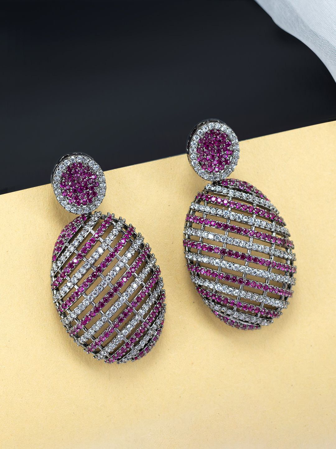 PRIVIU Rhodium-Plated Oval American Diamond Drop Earrings