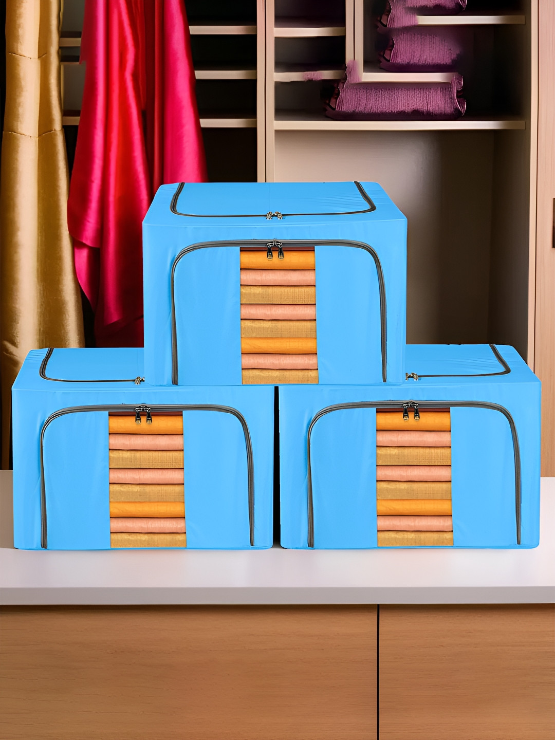 Kuber Industries Blue 3 Pieces Steel Frame Waterproof Cloth Drawer Organiser 24 Liter
