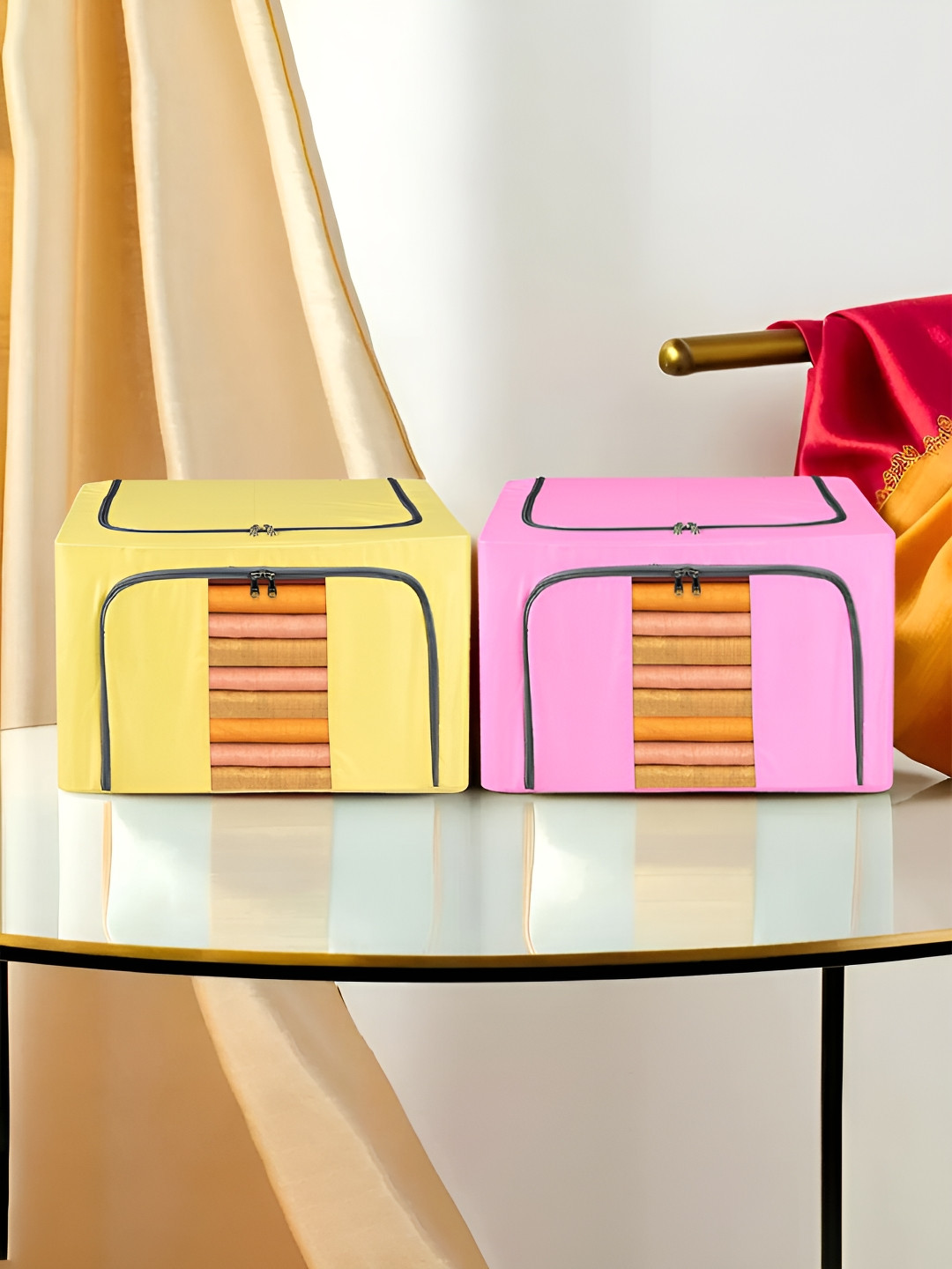 Kuber Industries Yellow 2 Pieces Steel Frame Wardrobe Drawer Organiser 24 Liter