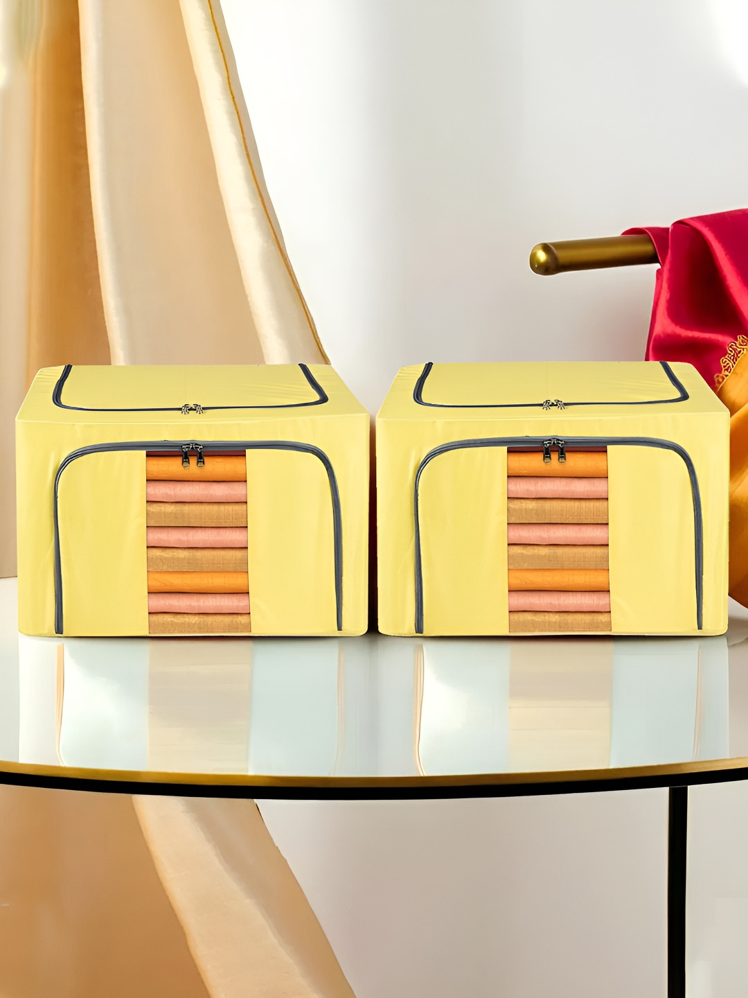 Kuber Industries Yellow 2 Pieces Steel Frame Waterproof Cloth Drawer Organiser 24 Liter
