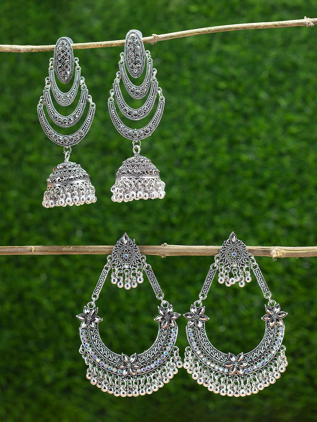 PRIVIU Set Of 2 Crescent Shaped Oxidised Jhumkas