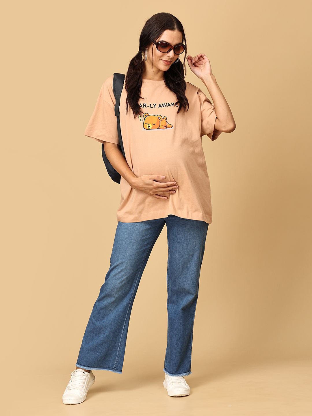 The Mom Store Women Typography Printed Round Neck Cotton Maternity Oversized T-shirt