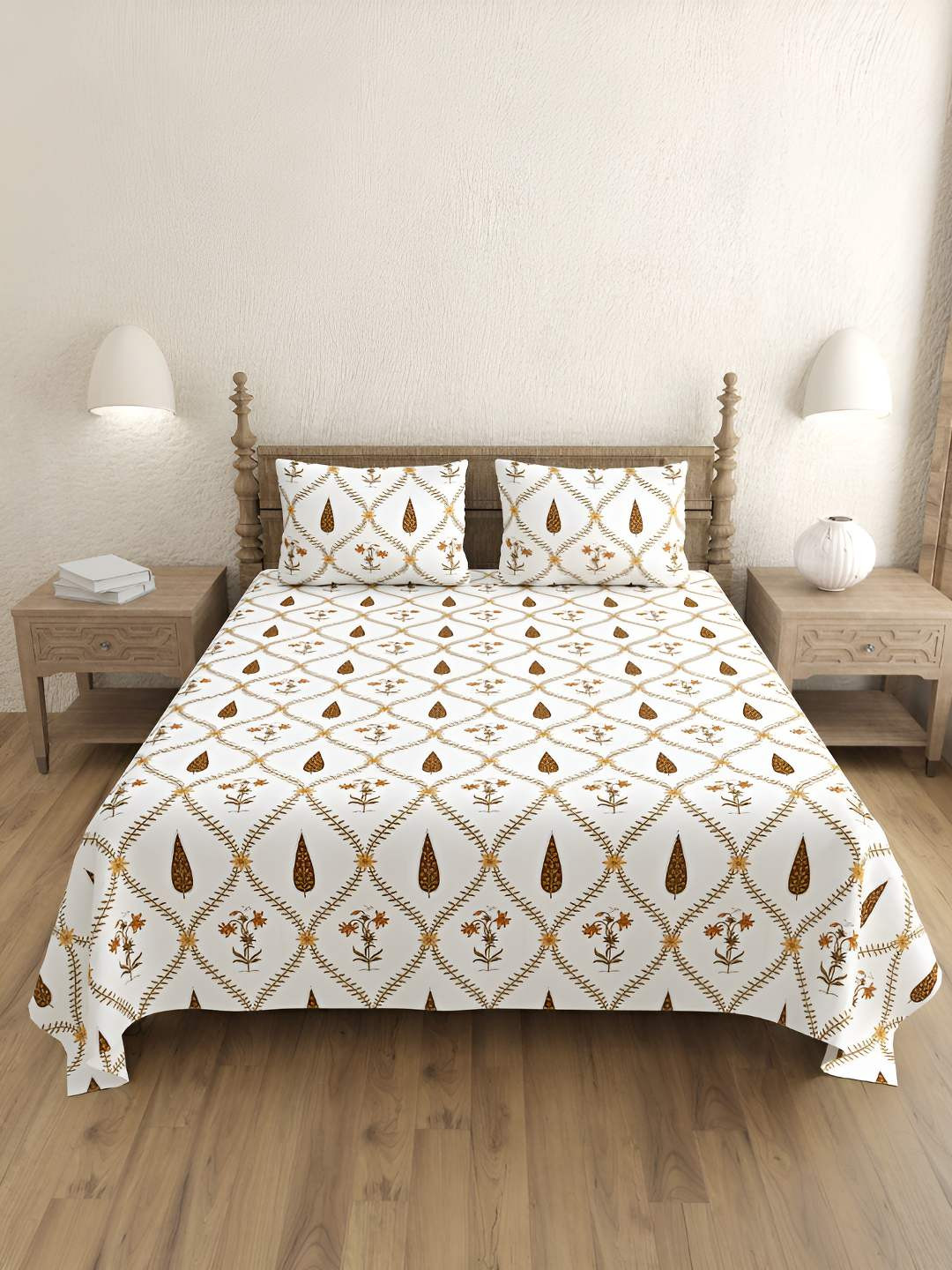 BED-SHEET.COM Bloom Heritage Gold Ethnic Motifs Cotton 240 TC King Fine Bedsheet with 2 Pillow Covers-59 x 87 inches