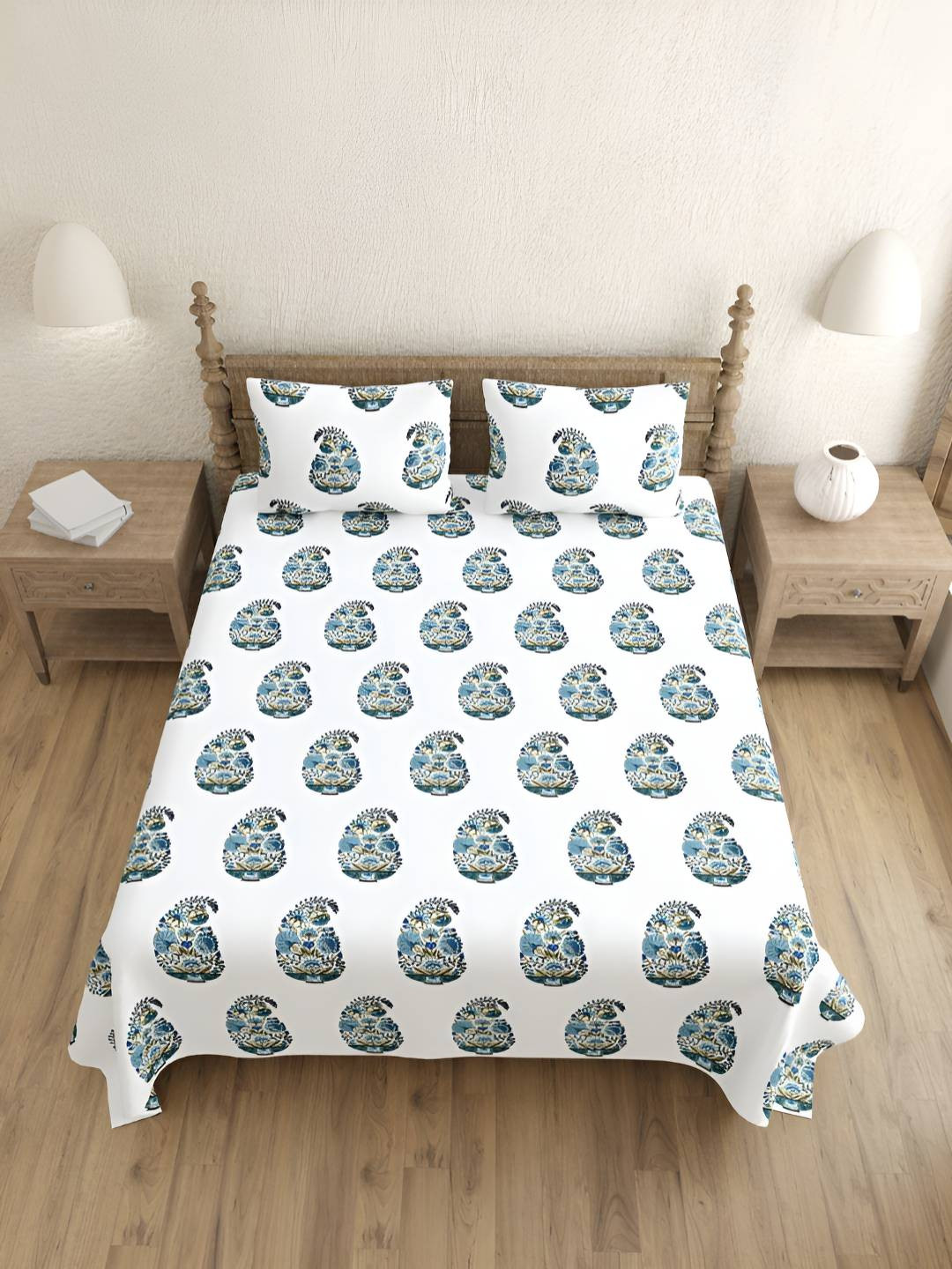 BED-SHEET.COM Jaipuri Green Paisley Cotton 240 TC King Fine Bedsheet with 2 Pillow Covers-1079 x 108 inches