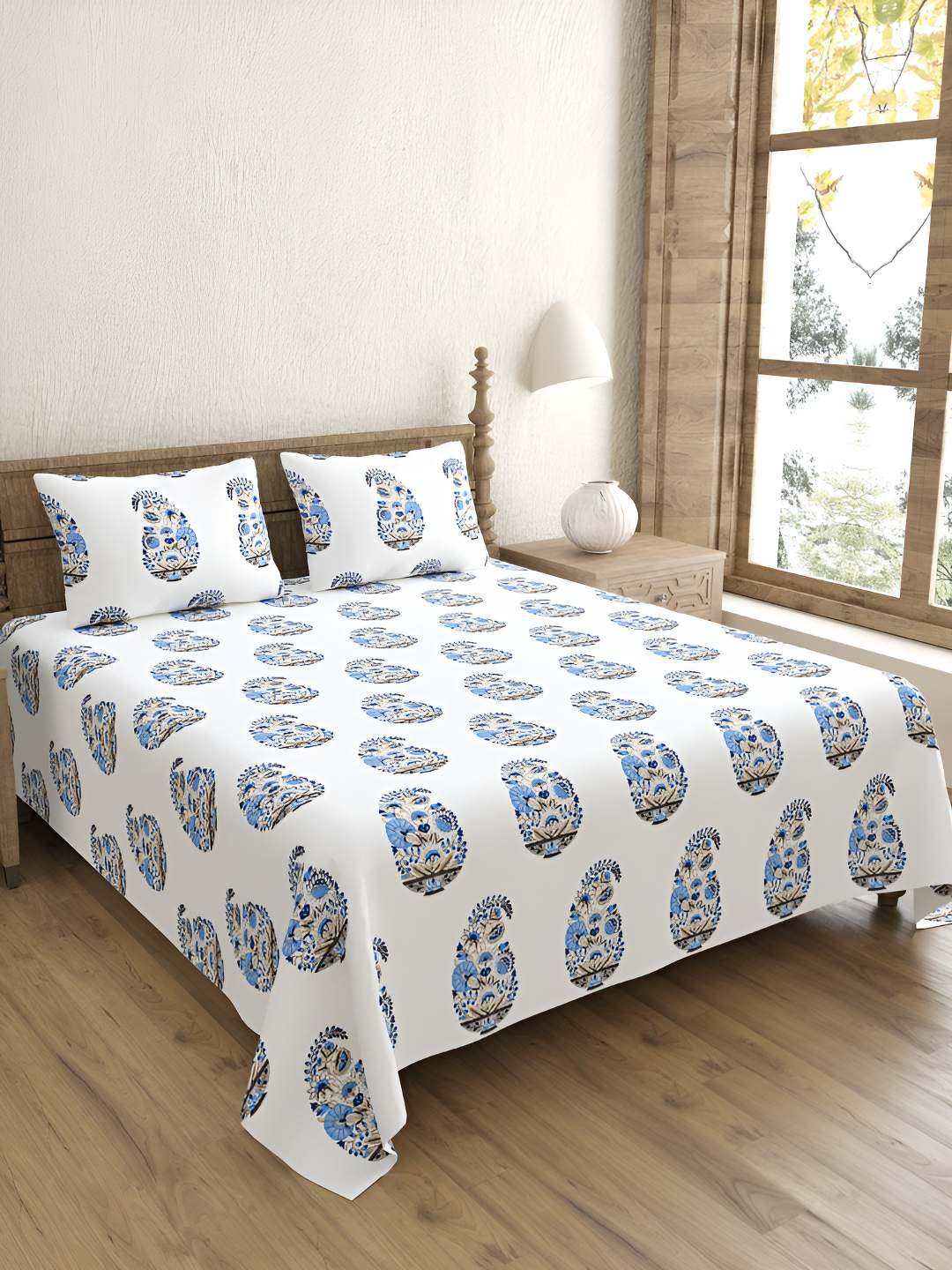BED-SHEET.COM Handblock Blue Paisley Cotton 240 TC King Fine Bedsheet with 2 Pillow Covers-108 x 108 inches