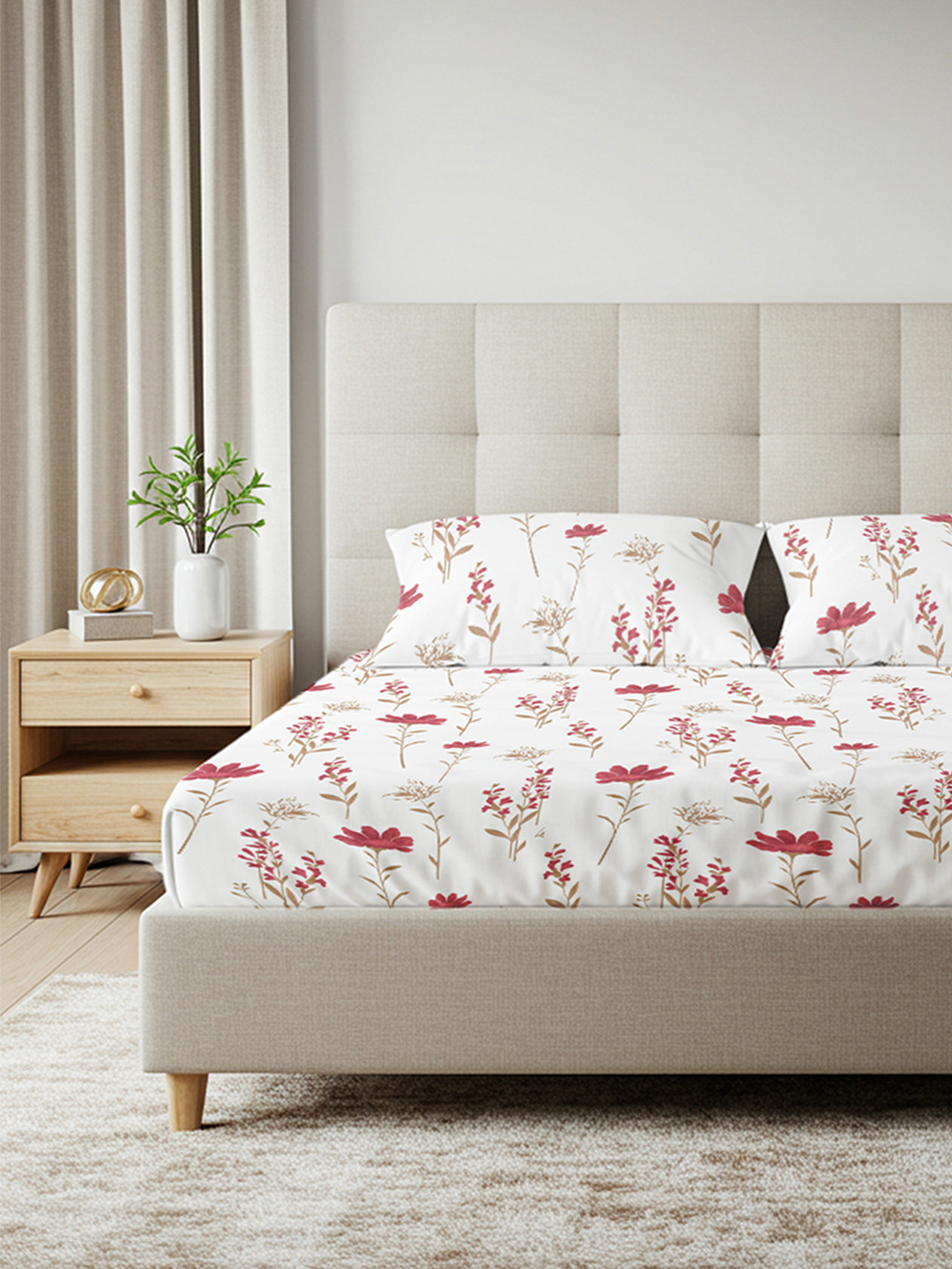 URBAN SPACE Orchid Blooms White Floral Cotton Wrinkle Free 200 TC Fitted King Fine Bedsheet with 2 Pillow Covers-78 x 72 inches