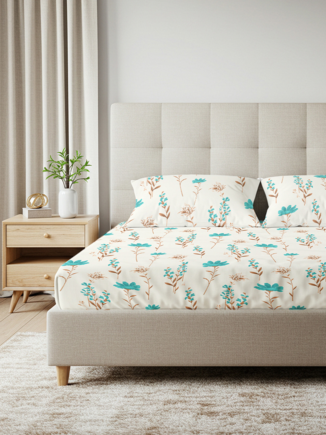 URBAN SPACE Orchid Blooms White Floral Cotton Wrinkle Free 200 TC Fitted King Fine Bedsheet with 2 Pillow Covers-78 x 72 inches