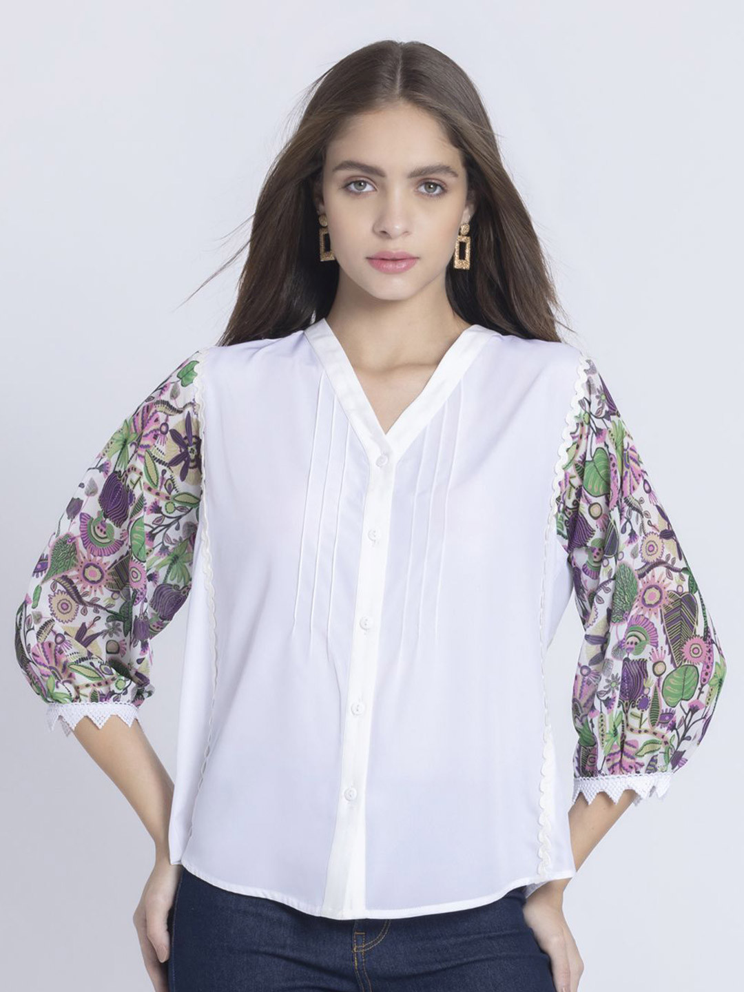 SHAYE Puff Sleeve Crepe Shirt Style Top