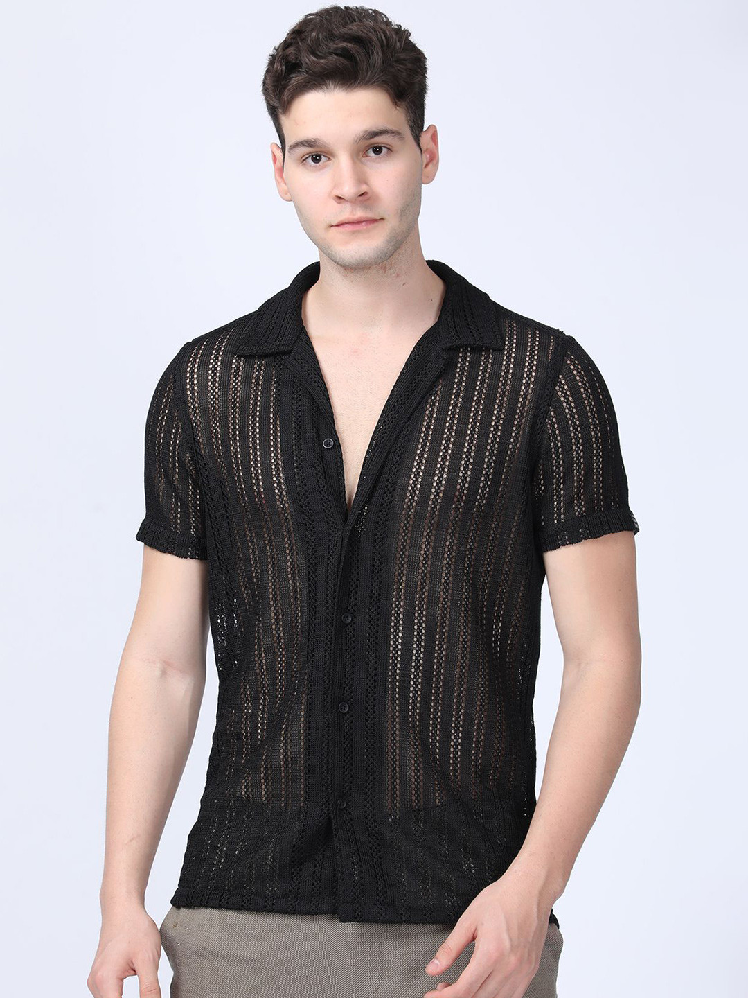 POE Men Solid Smart Slim Fit Crochet Casual Shirt