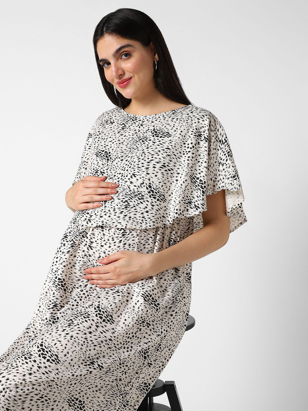 Mystere Paris Animal Print Cape Sleeve Maternity Maxi Dress