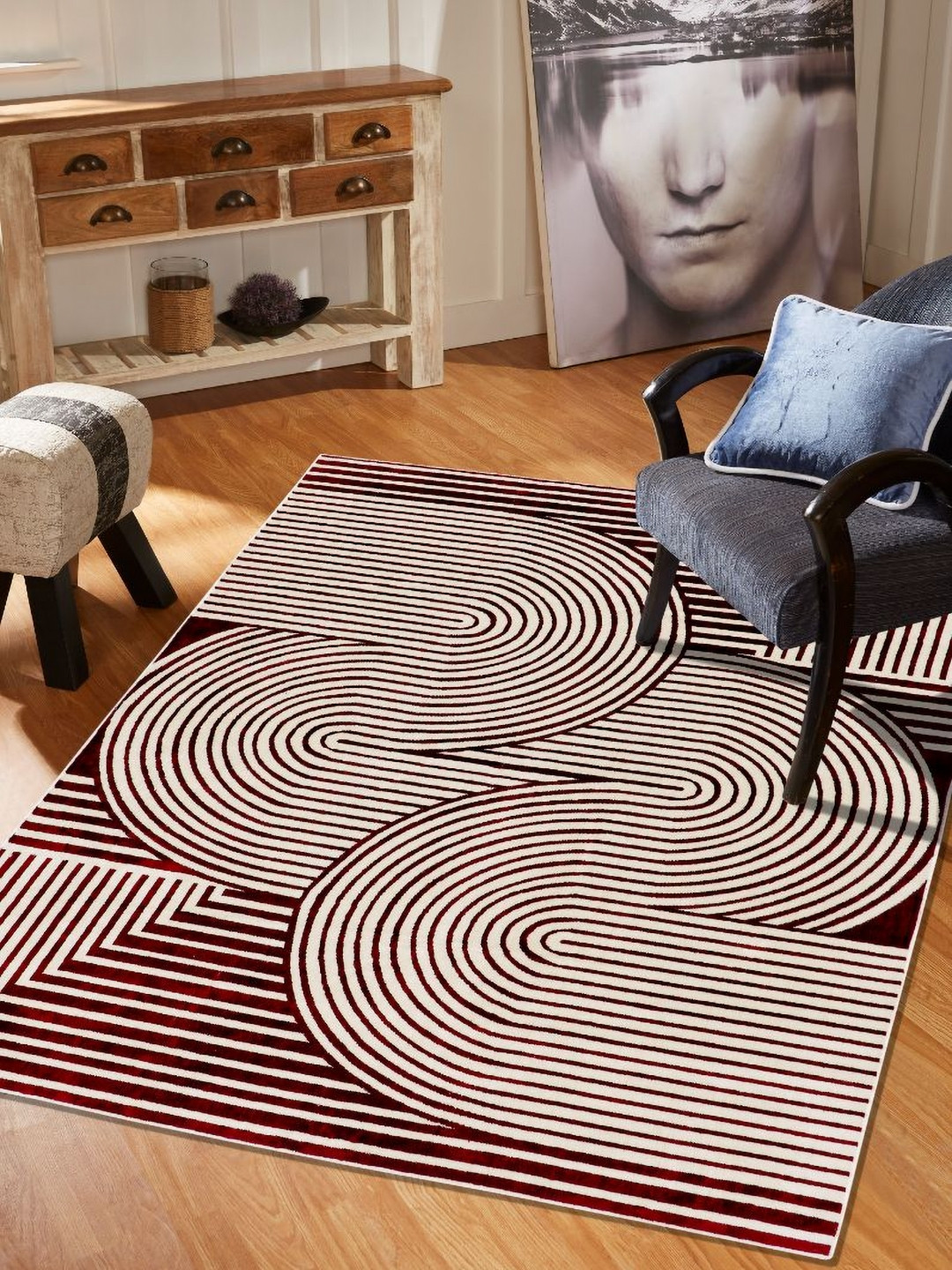 MODEFE Rust & White Abstract Shaggy Anti-Skid Carpet