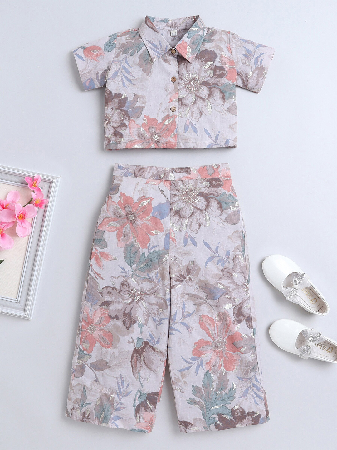 The Magic Wand Girls Shirt Collar Short Sleeves Printed Top with Pyjamas