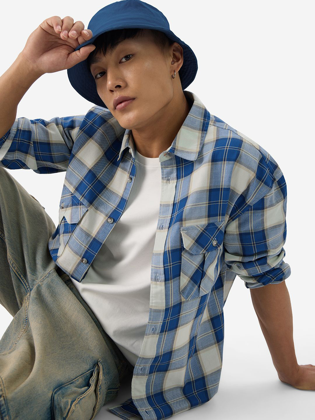 The Souled Store  Men Plaid: Riveria Blue Regular Fit Utility Shirt