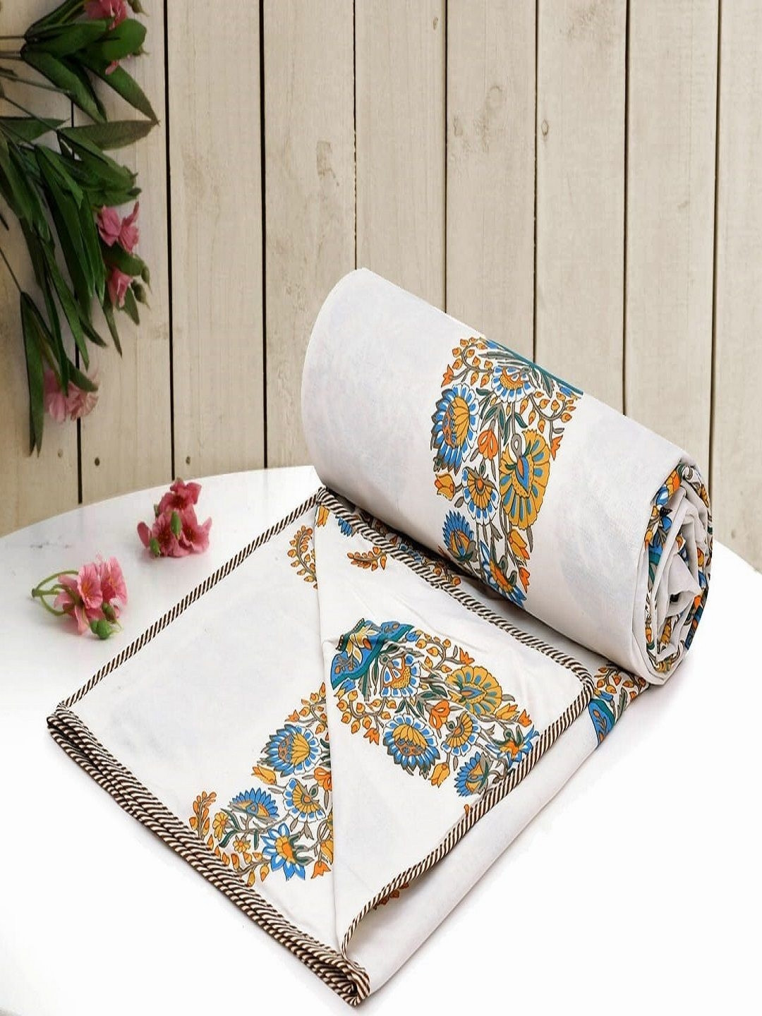 CHICERY Orange & White Floral AC Room 210 GSM Cotton Double Bed Dohar