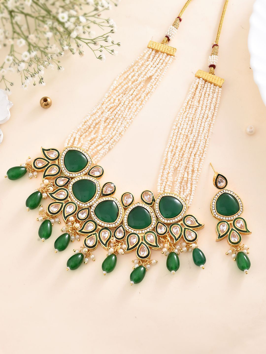 PYR FASHION Women Green AD Kundan Polki Necklace Jewellery Set