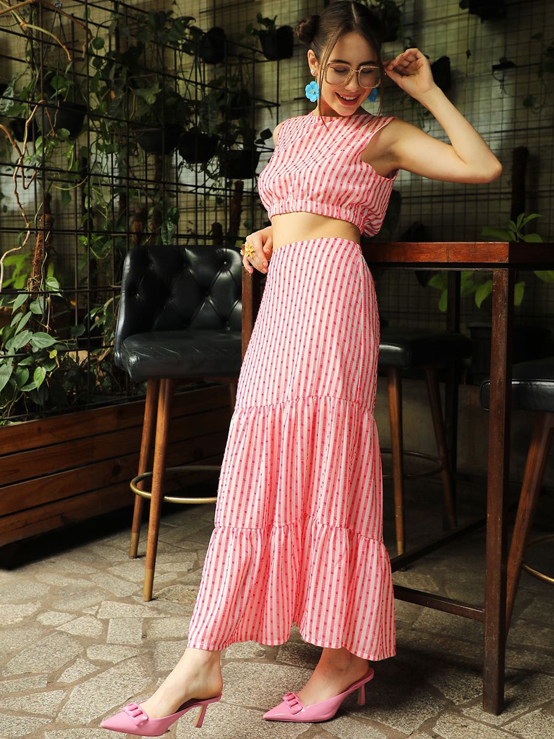 PINACOLADA Pom Pom Striped Round Neck Sleeveless Crop Top With Tiered Skirt - Co Ords for Women 29987837 | Myntra