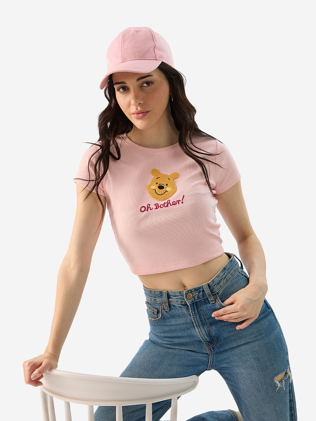 The Souled Store Winnie The Pooh Embroidered Typography Fitted Crop Top