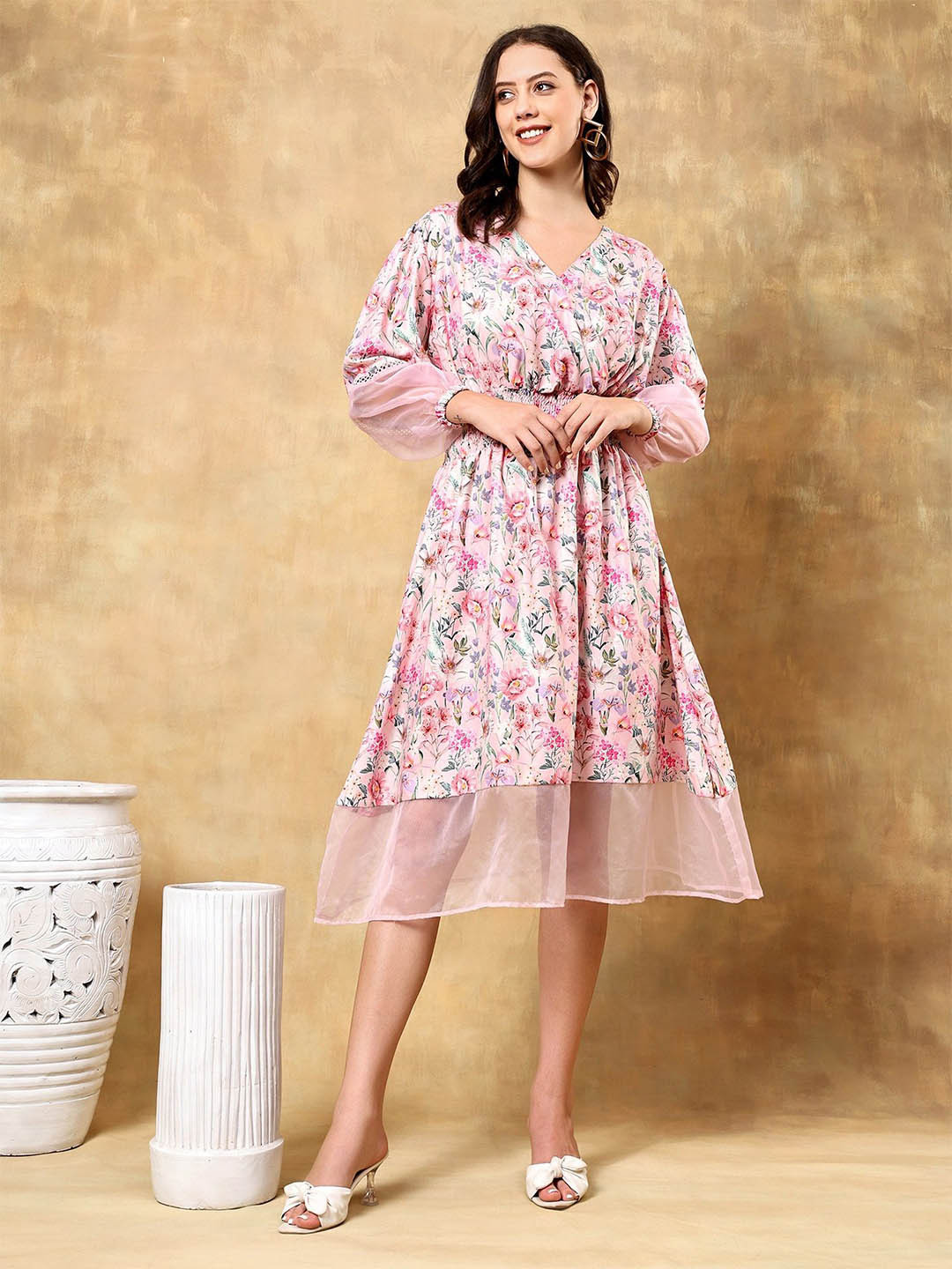 ANGITA Floral Print Fit and Flare Net Dress