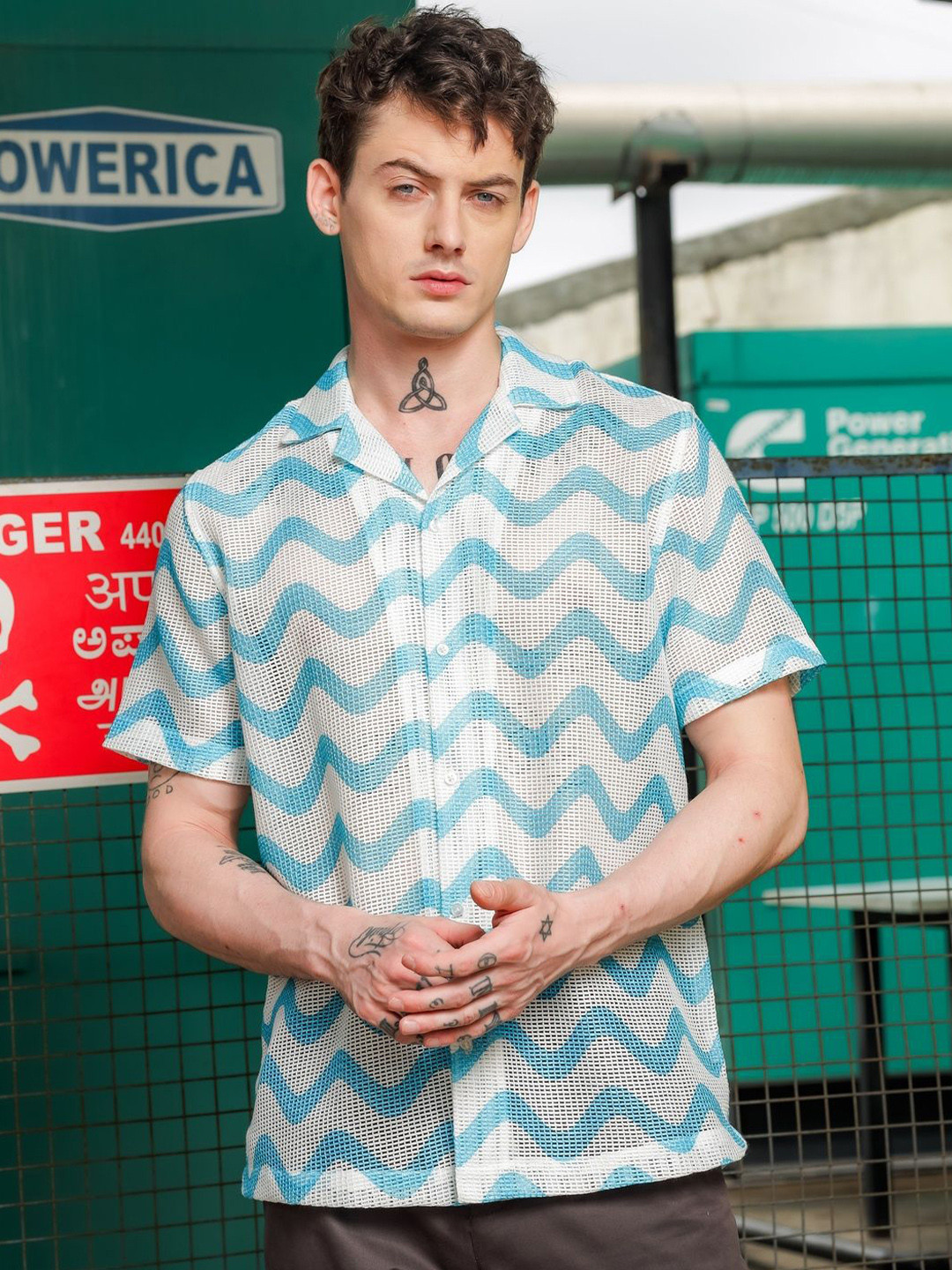 House of Koala Unisex Regular Fit Self Design Semi Sheer Crochet-Look Resort Shirt