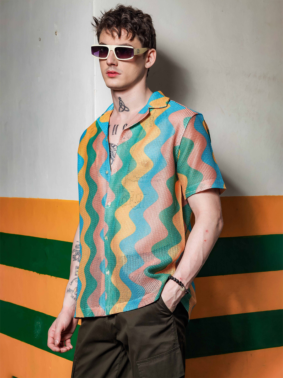 House of Koala Unisex Regular Fit Self Design Semi Sheer Crochet-Look Resort Shirt