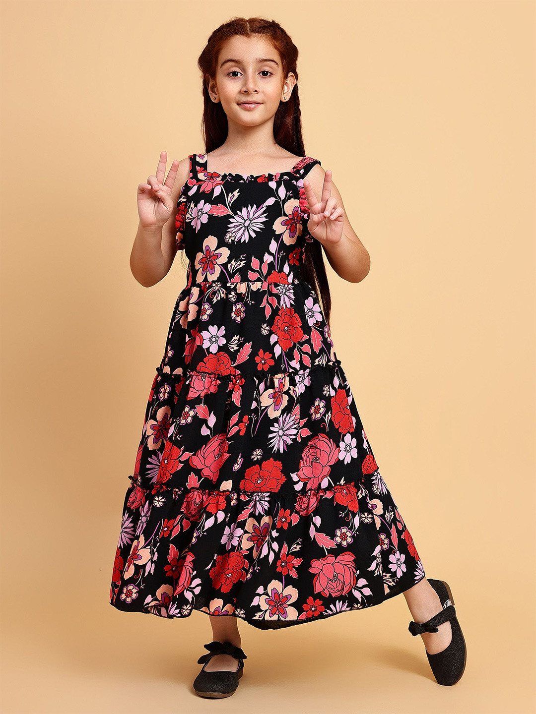 YK Girls Floral Print Fit & Flare Maxi Dress