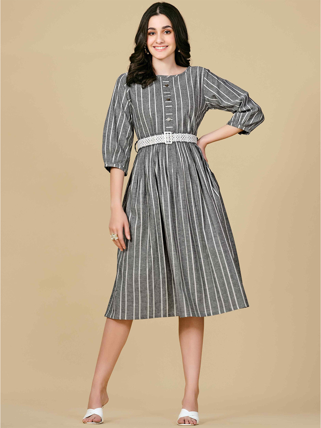 TextileNow Striped Pure Cotton Puff Sleeve A-Line Dress
