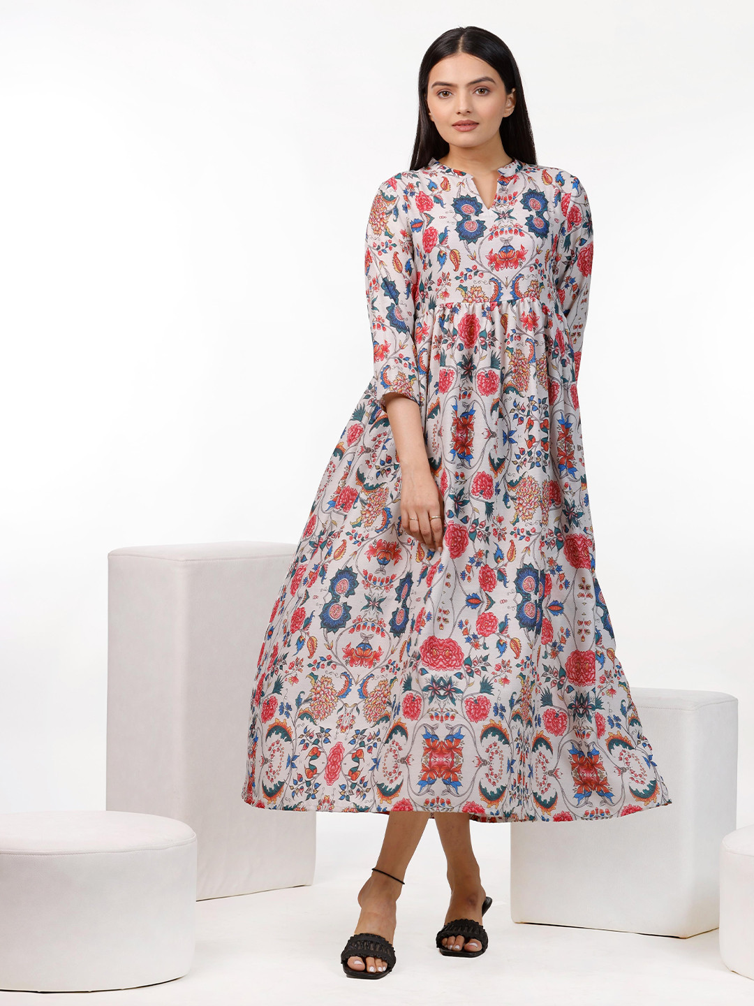 aaRVee STUDIO Floral Print Empire Midi Dress