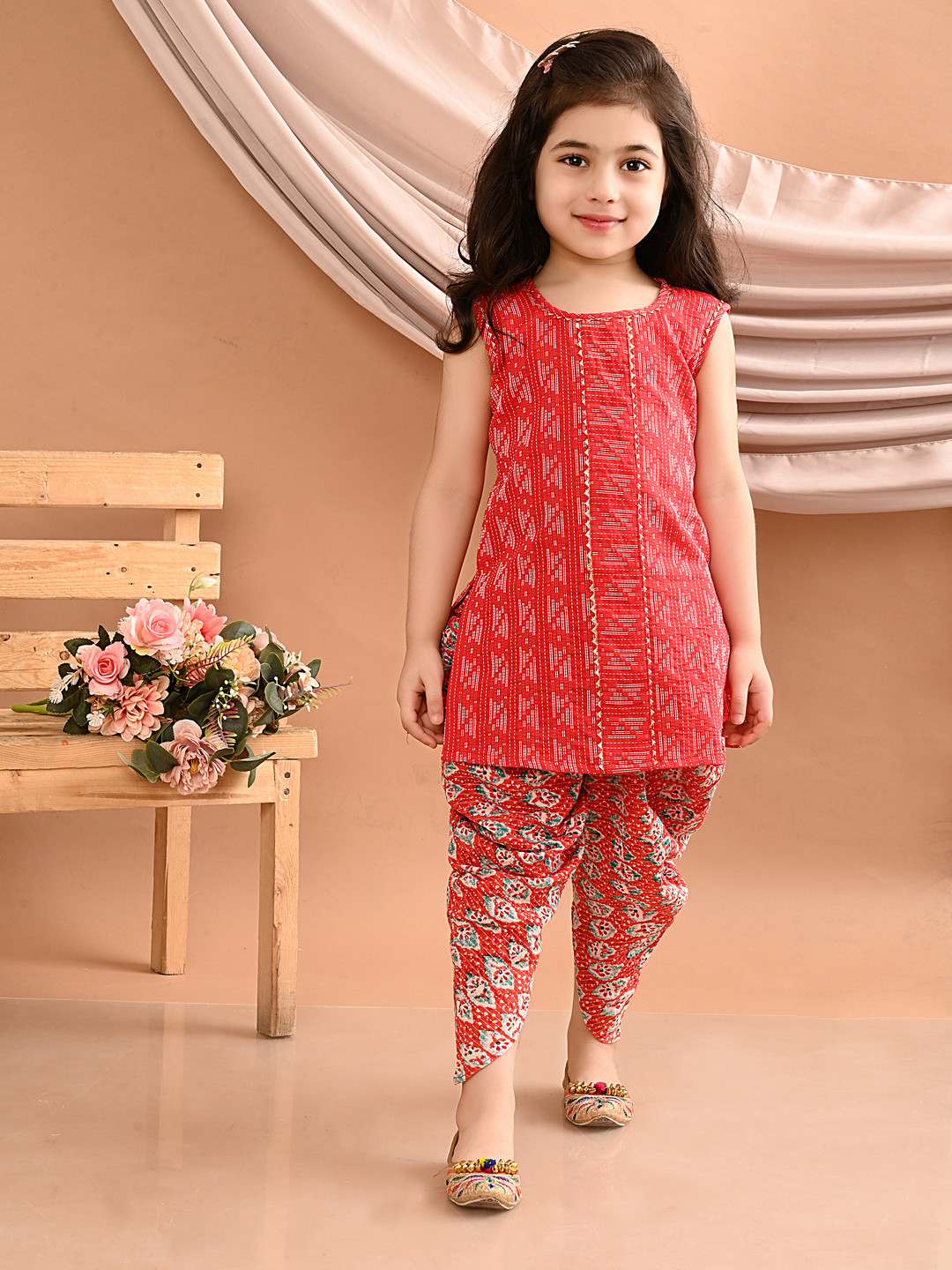 Sangria Red Girls Printed Pure Cotton Straight Kurti With Dhoti Set