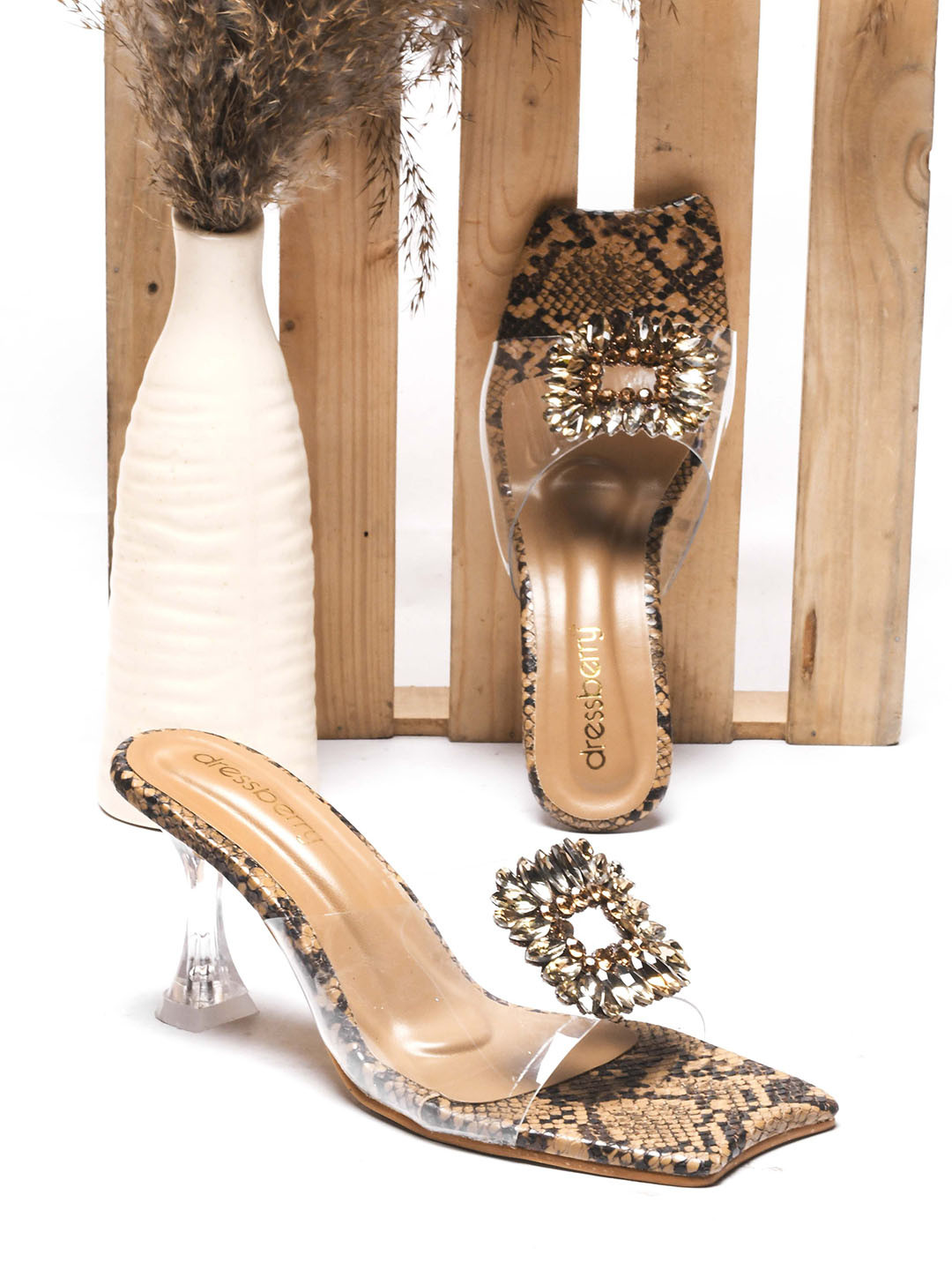 DressBerry Brown Printed Pointed Toe Kitten Pumps With Embellished Heels