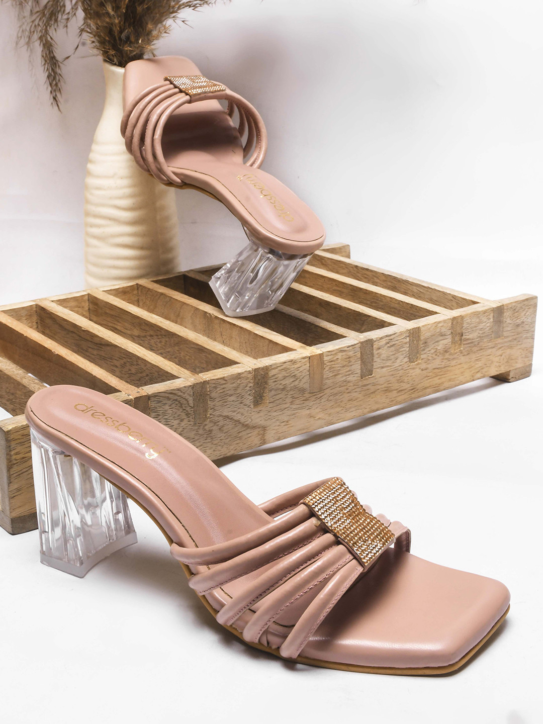 DressBerry Nude Western Embellished Party Block Heels
